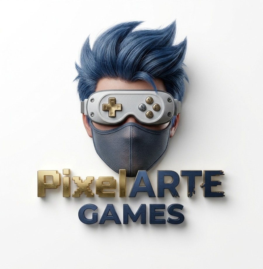 Logo de PixelARTE Games: un personaje con visor de consola y barbijo gris